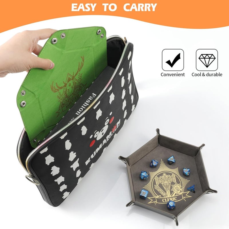 Grajar 6 Pcs DND Dice Tray with Characters Pattern for RPG D&D Table Games - Folding PU Leather and Velvet Rolling Holder Storage Box - Image 4